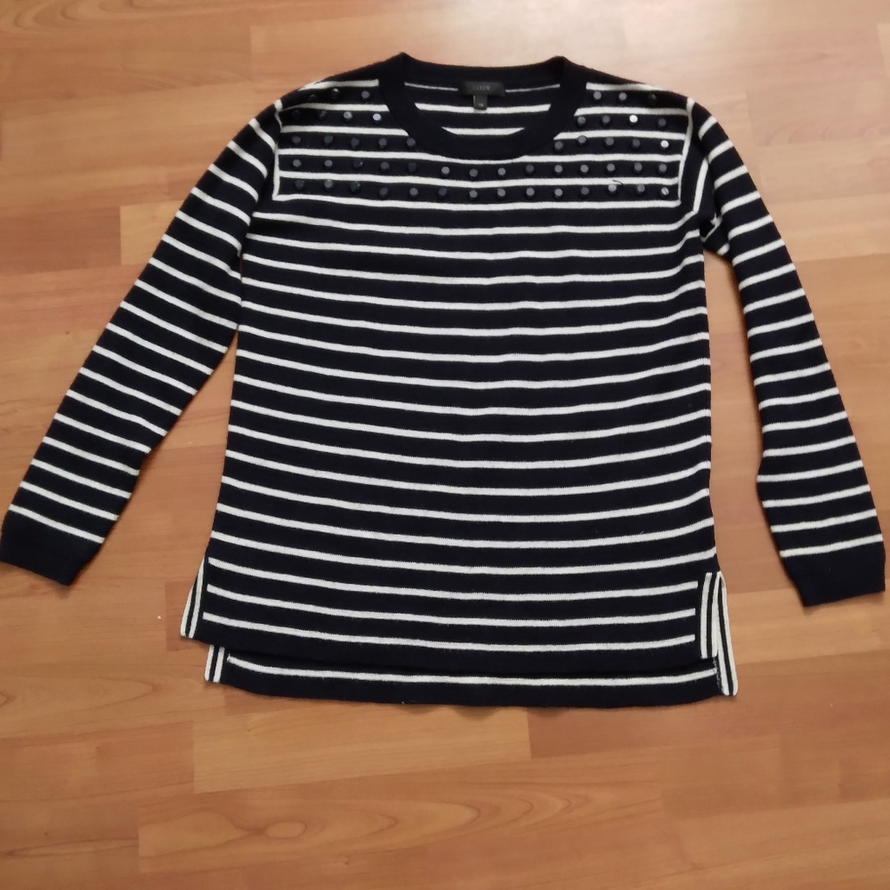 J.Crew Striped‎ Jeweled 100% Merino Wool Sweater